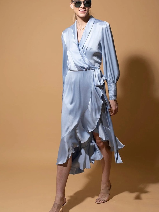 Zimmermann Dresses & Skirts - Zimmermann Sky-Blue Satin High-Low Wrap Dress